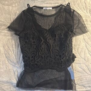Zara Black Sheer Lace Blouse